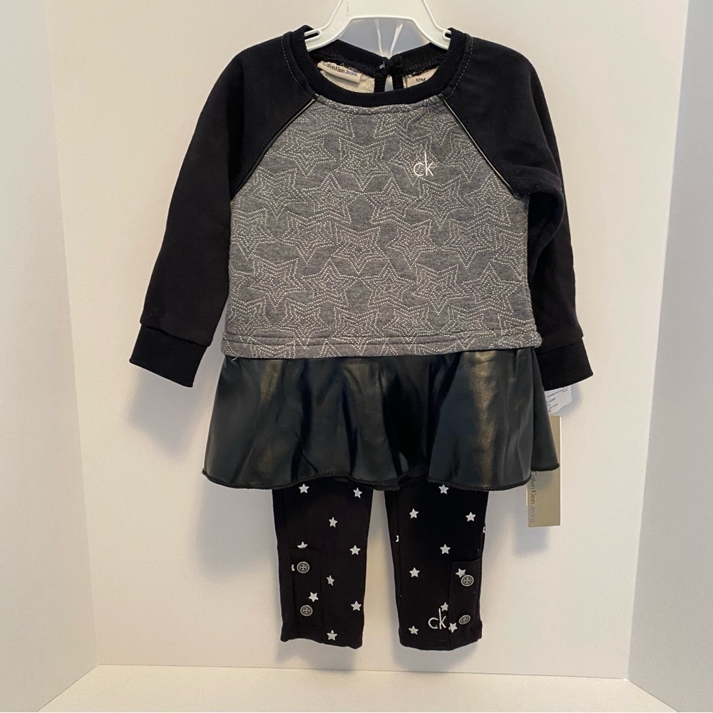 CALVIN Klein Baby Girl's Faux Leather Skirted Top & Leggings Size 12 Months NWT